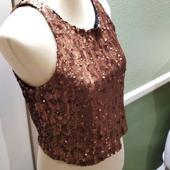 "Bar III" Bronze Sequined Sleeveless Short Top - Picture 2 of 8